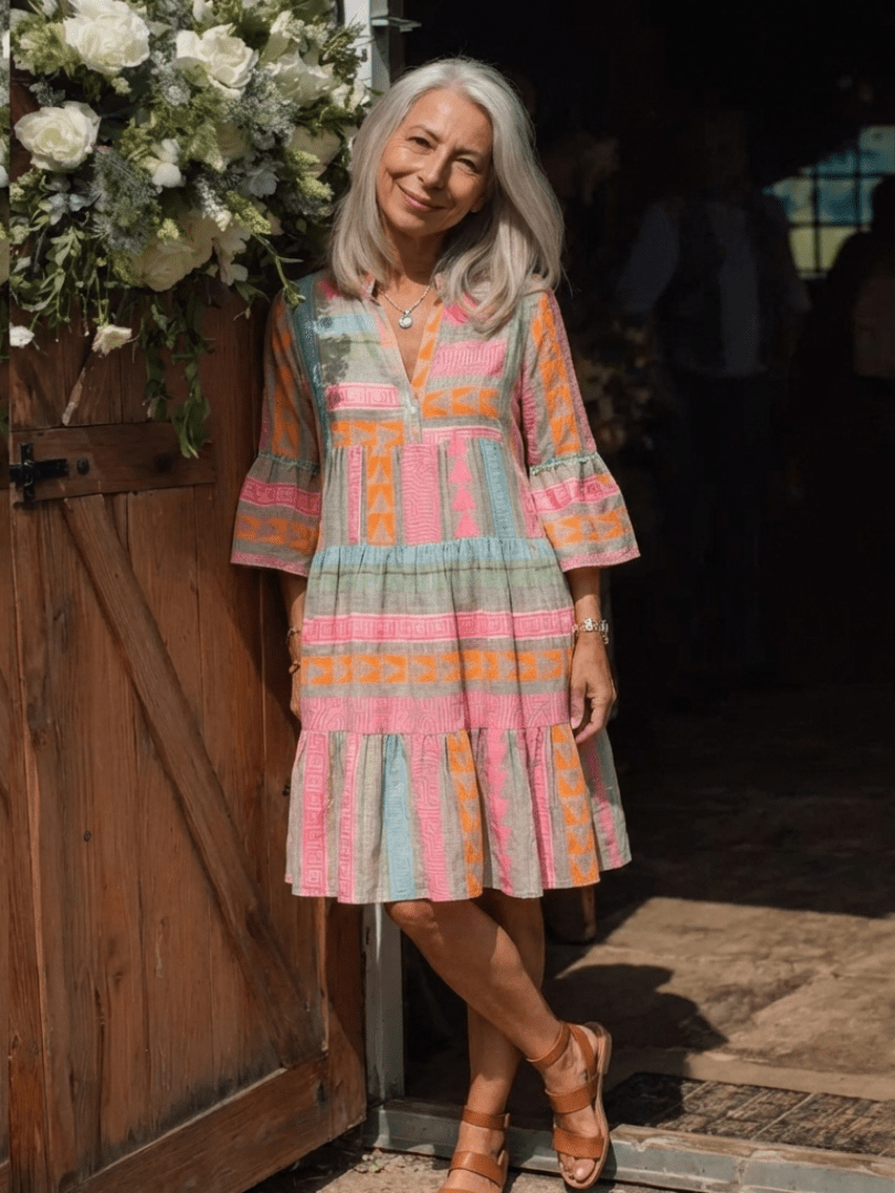 Maelle | Geometric Print V Neck Tiered Knee Length Dress - Harry & Olivia Birmingham