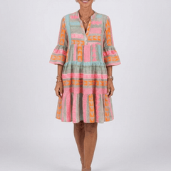 Maelle | Geometric Print V Neck Tiered Knee Length Dress - Harry & Olivia Birmingham
