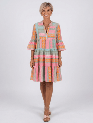 Maelle | Geometric Print V Neck Tiered Knee Length Dress - Harry & Olivia Birmingham