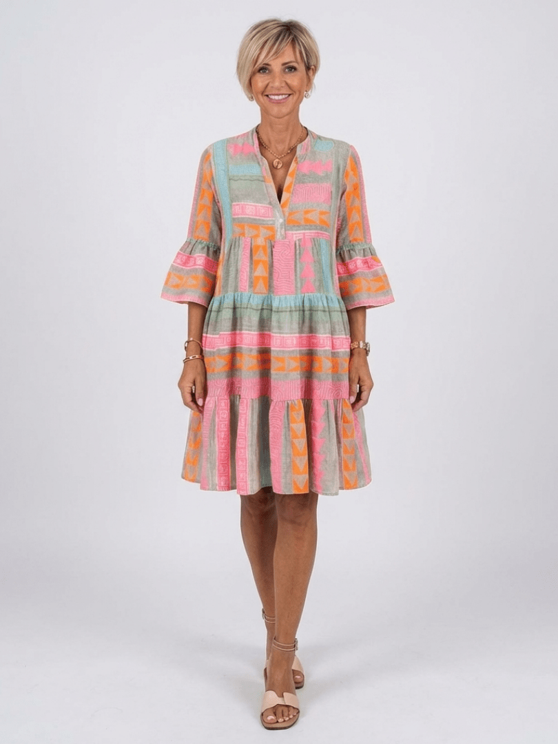 Maelle | Geometric Print V Neck Tiered Knee Length Dress - Harry & Olivia Birmingham