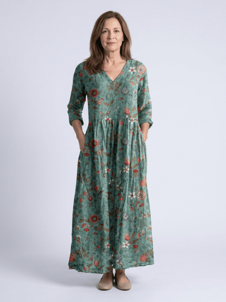 Marina | Floral V Neck Three Quarter Sleeve Maxi Dress - Harry & Olivia Birmingham