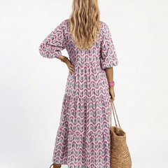 Mireya | Geometric Print Long Sleeve Tiered Midi Dress - Harry & Olivia Birmingham