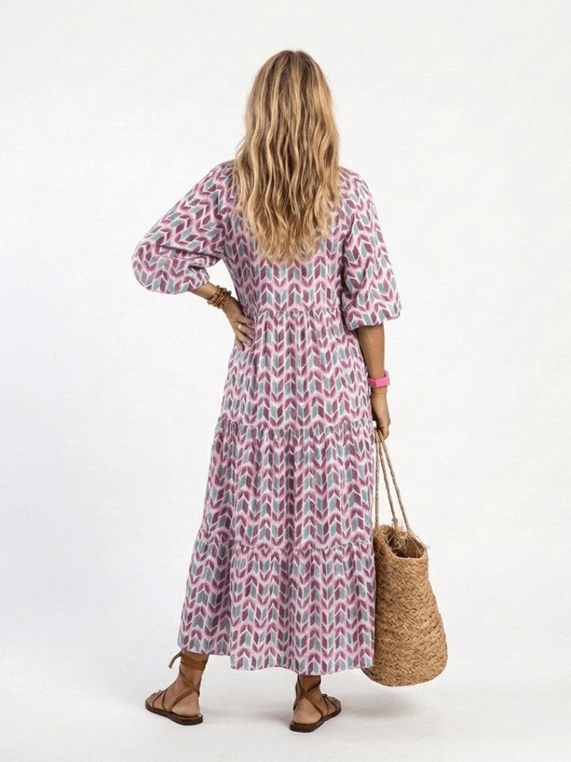 Mireya | Geometric Print Long Sleeve Tiered Midi Dress - Harry & Olivia Birmingham