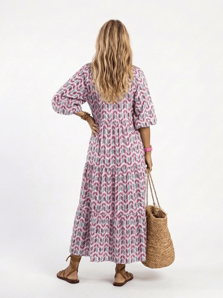 Mireya | Geometric Print Long Sleeve Tiered Midi Dress - Harry & Olivia Birmingham