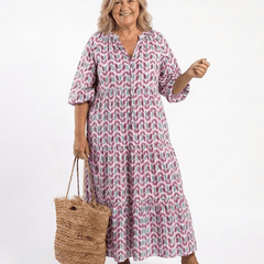 Mireya | Geometric Print Long Sleeve Tiered Midi Dress - Harry & Olivia Birmingham