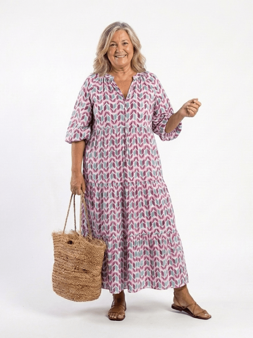 Mireya | Geometric Print Long Sleeve Tiered Midi Dress - Harry & Olivia Birmingham