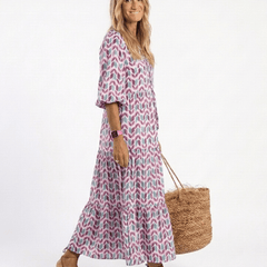 Mireya | Geometric Print Long Sleeve Tiered Midi Dress - Harry & Olivia Birmingham