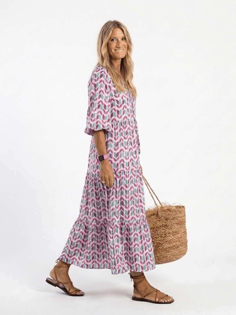 Mireya | Geometric Print Long Sleeve Tiered Midi Dress - Harry & Olivia Birmingham