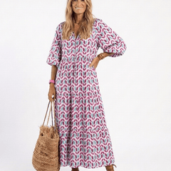 Mireya | Geometric Print Long Sleeve Tiered Midi Dress - Harry & Olivia Birmingham