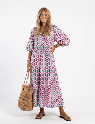 Mireya | Geometric Print Long Sleeve Tiered Midi Dress - Harry & Olivia Birmingham