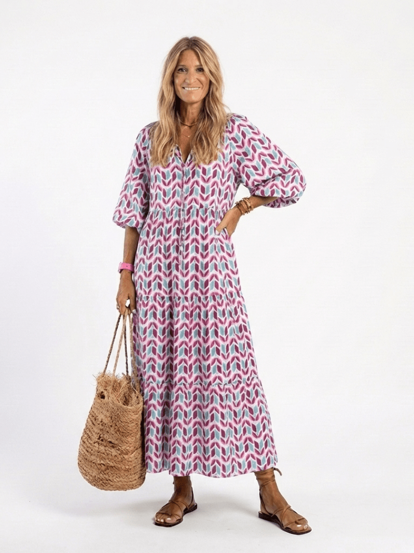 Mireya | Geometric Print Long Sleeve Tiered Midi Dress - Harry & Olivia Birmingham