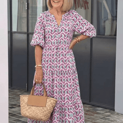 Mireya | Geometric Print Long Sleeve Tiered Midi Dress - Harry & Olivia Birmingham