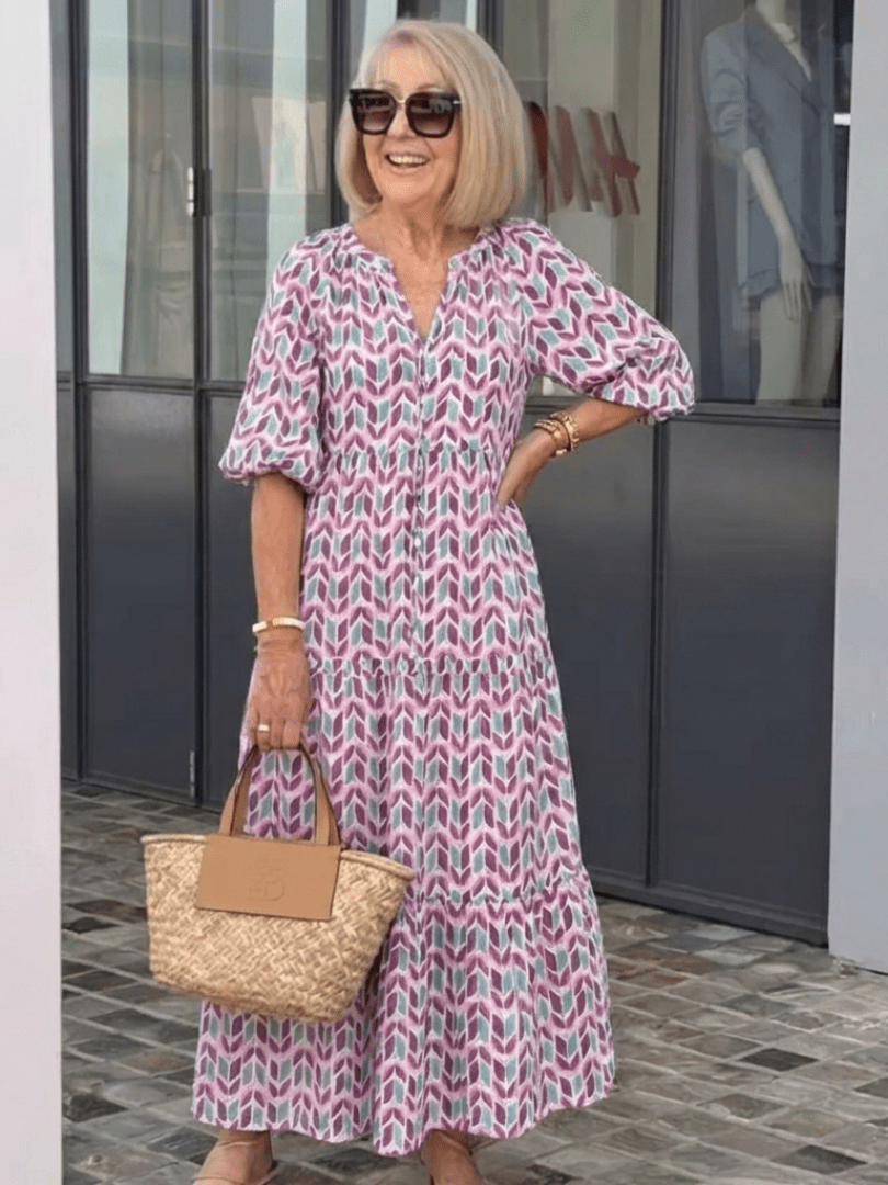 Mireya | Geometric Print Long Sleeve Tiered Midi Dress - Harry & Olivia Birmingham