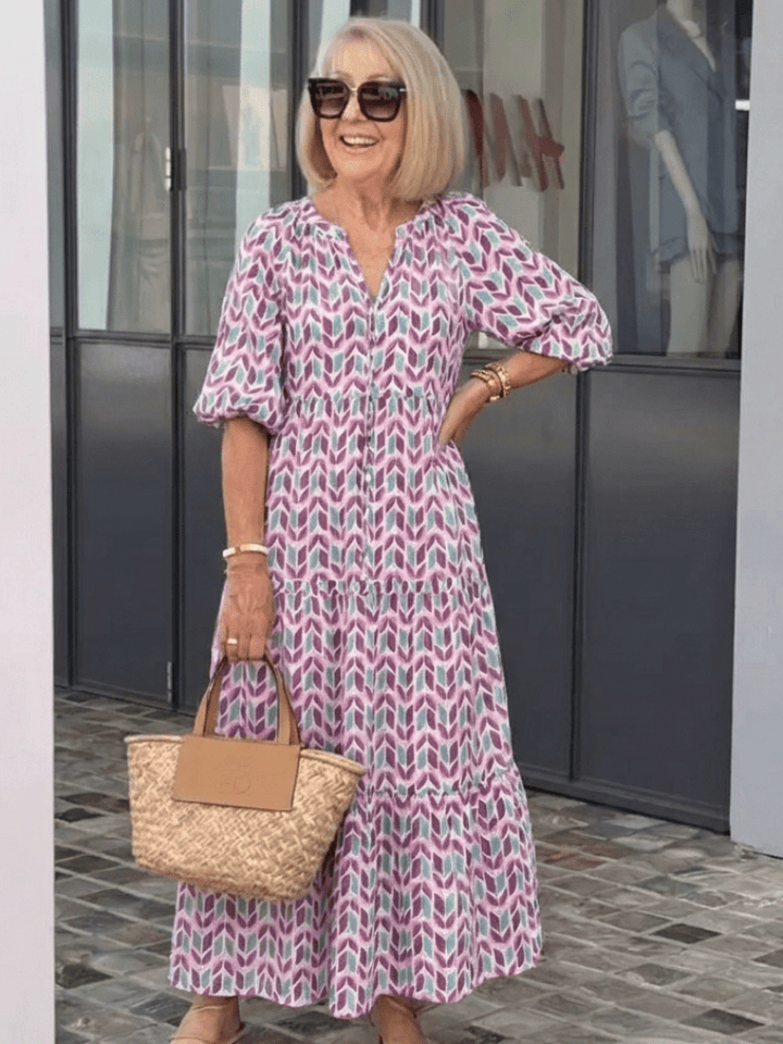 Mireya | Geometric Print Long Sleeve Tiered Midi Dress - Harry & Olivia Birmingham
