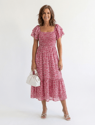 Odette | Off Shoulder Floral Smocked Midi Dress - Harry & Olivia Birmingham
