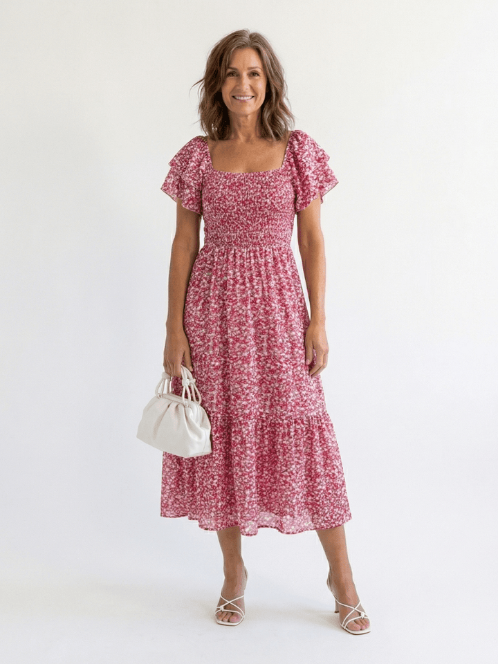 Odette | Off Shoulder Floral Smocked Midi Dress - Harry & Olivia Birmingham