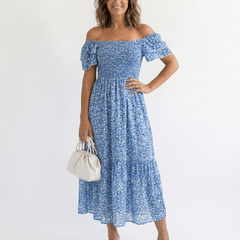Odette | Off Shoulder Floral Smocked Midi Dress - Harry & Olivia Birmingham