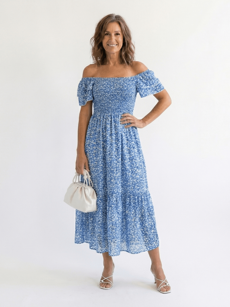 Odette | Off Shoulder Floral Smocked Midi Dress - Harry & Olivia Birmingham