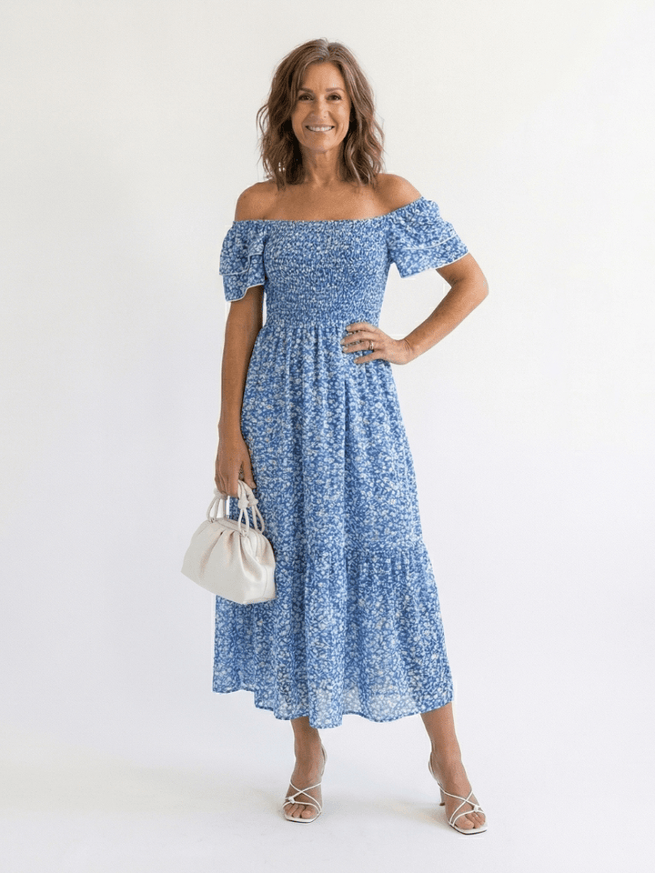 Odette | Off Shoulder Floral Smocked Midi Dress - Harry & Olivia Birmingham