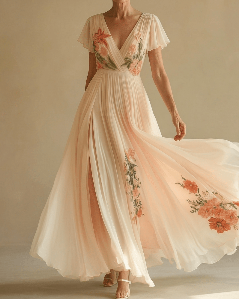 ROSALIND — Floral Appliqué Chiffon Maxi Dress - Harry & Olivia Birmingham