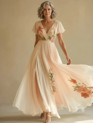 ROSALIND — Floral Appliqué Chiffon Maxi Dress - Harry & Olivia Birmingham
