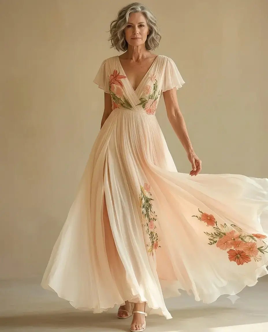 ROSALIND — Floral Appliqué Chiffon Maxi Dress - Harry & Olivia Birmingham