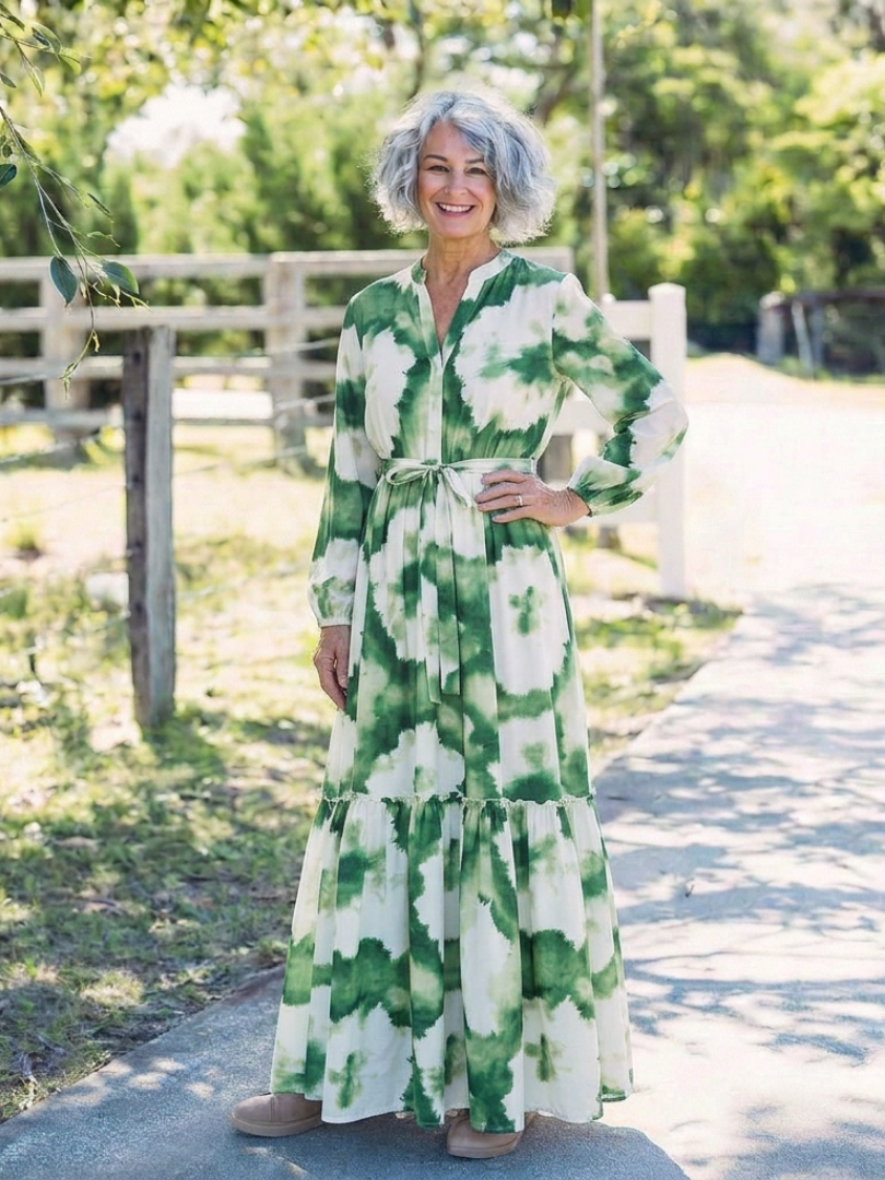 Sabine | Long Sleeve Tie Waist Tiered Maxi Dress - Harry & Olivia Birmingham