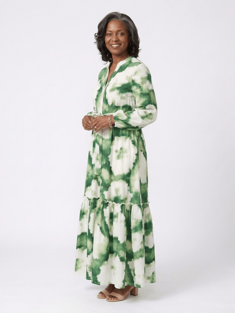 Sabine | Long Sleeve Tie Waist Tiered Maxi Dress - Harry & Olivia Birmingham