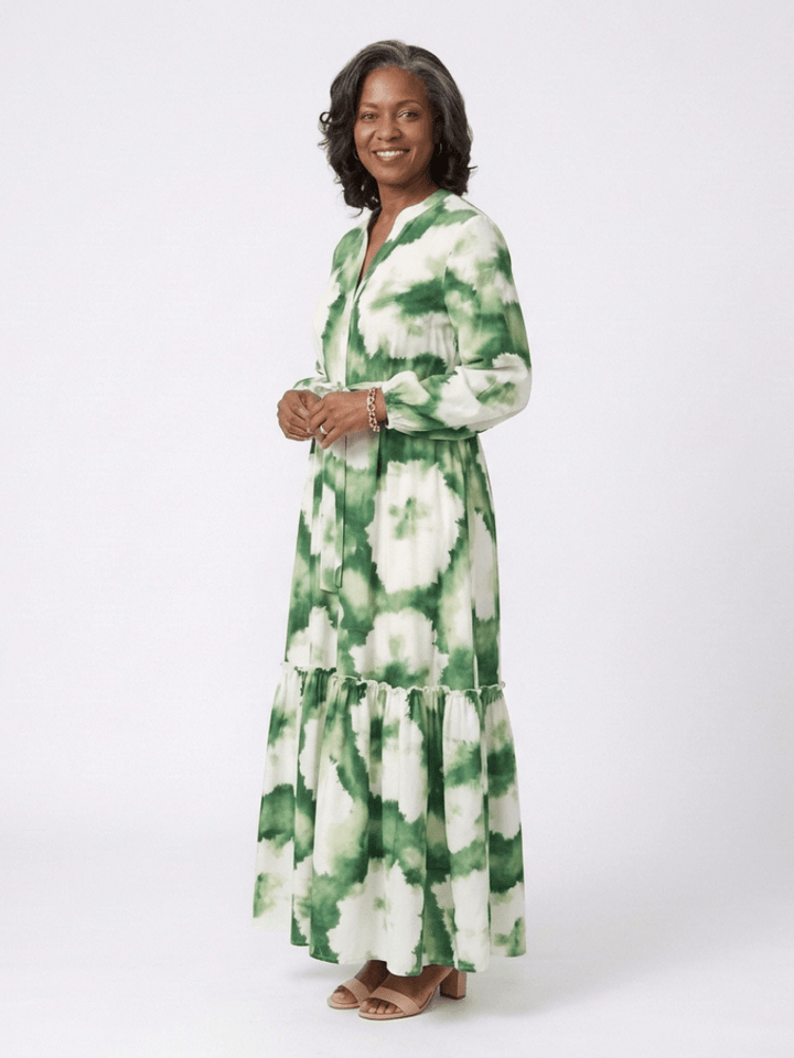 Sabine | Long Sleeve Tie Waist Tiered Maxi Dress - Harry & Olivia Birmingham