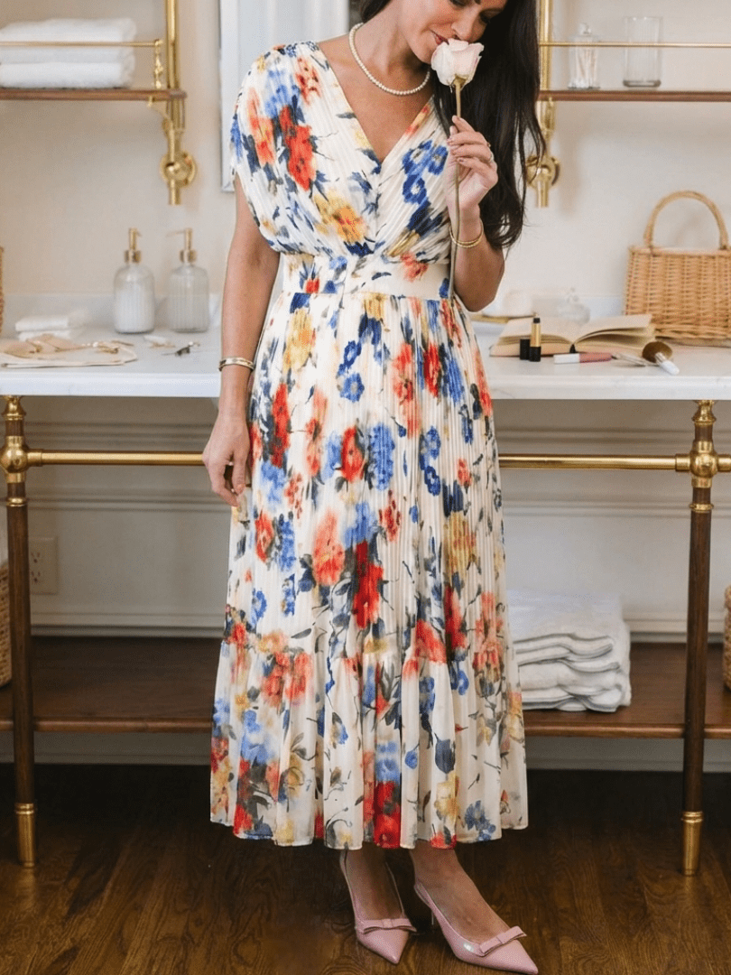 Savannah | Short Sleeve Pleated Floral Midi Dress - Harry & Olivia Birmingham