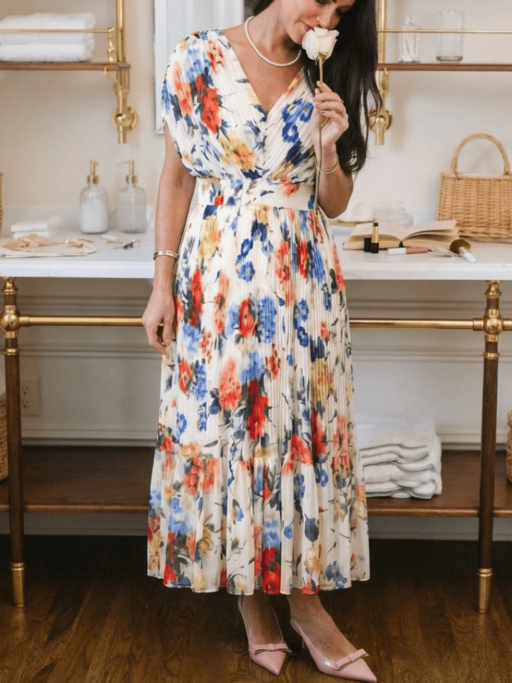 Savannah | Short Sleeve Pleated Floral Midi Dress - Harry & Olivia Birmingham