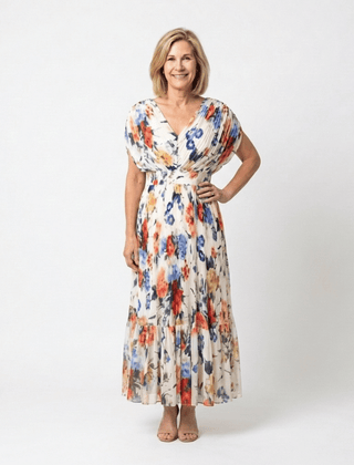 Savannah | Short Sleeve Pleated Floral Midi Dress - Harry & Olivia Birmingham