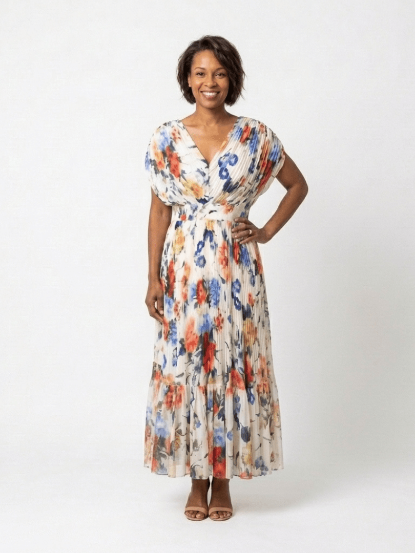 Savannah | Short Sleeve Pleated Floral Midi Dress - Harry & Olivia Birmingham