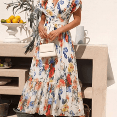 Savannah | Short Sleeve Pleated Floral Midi Dress - Harry & Olivia Birmingham