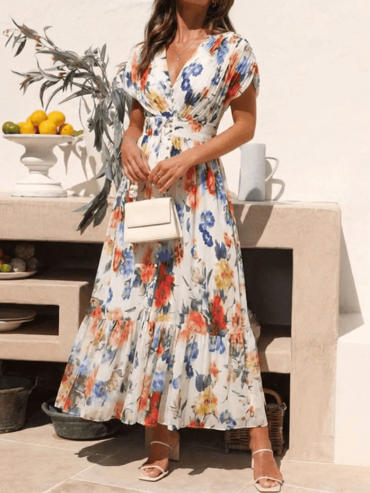 Savannah | Short Sleeve Pleated Floral Midi Dress - Harry & Olivia Birmingham