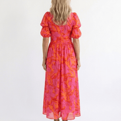 Willow | Floral V Neck Puff Sleeve Midi Dress - Harry & Olivia Birmingham