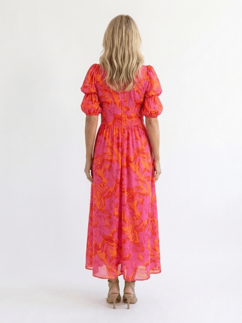 Willow | Floral V Neck Puff Sleeve Midi Dress - Harry & Olivia Birmingham