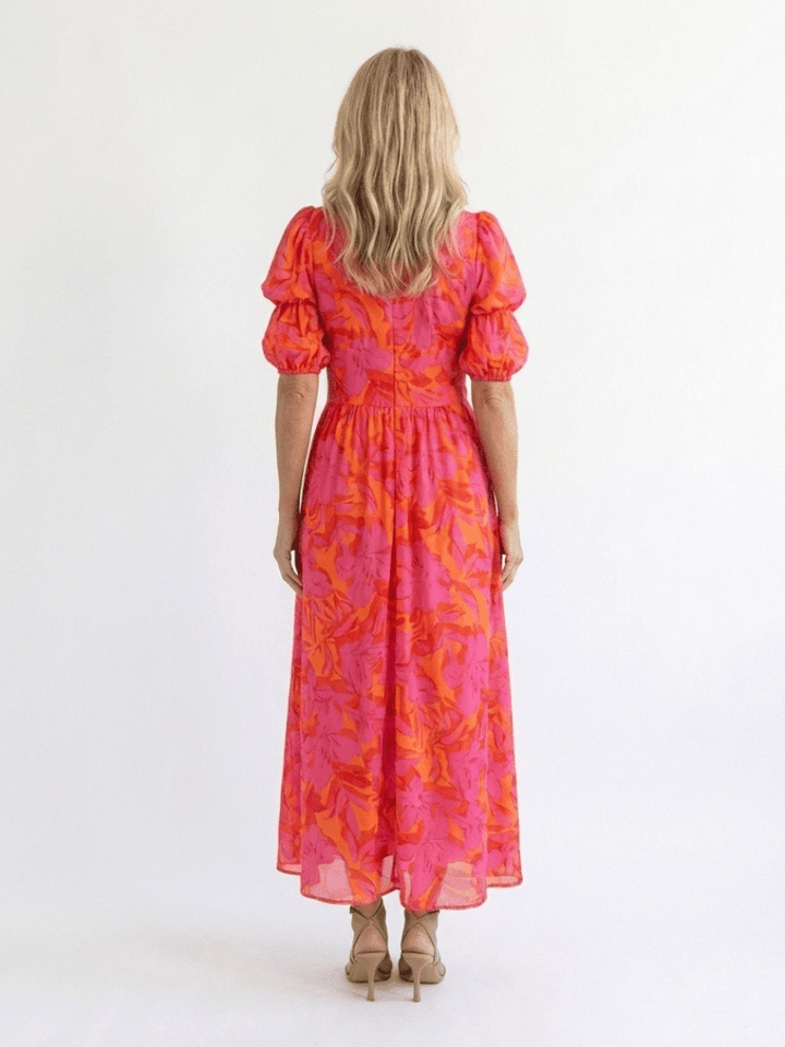 Willow | Floral V Neck Puff Sleeve Midi Dress - Harry & Olivia Birmingham