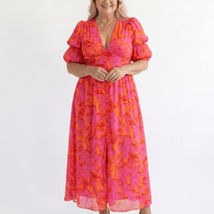 Willow | Floral V Neck Puff Sleeve Midi Dress - Harry & Olivia Birmingham