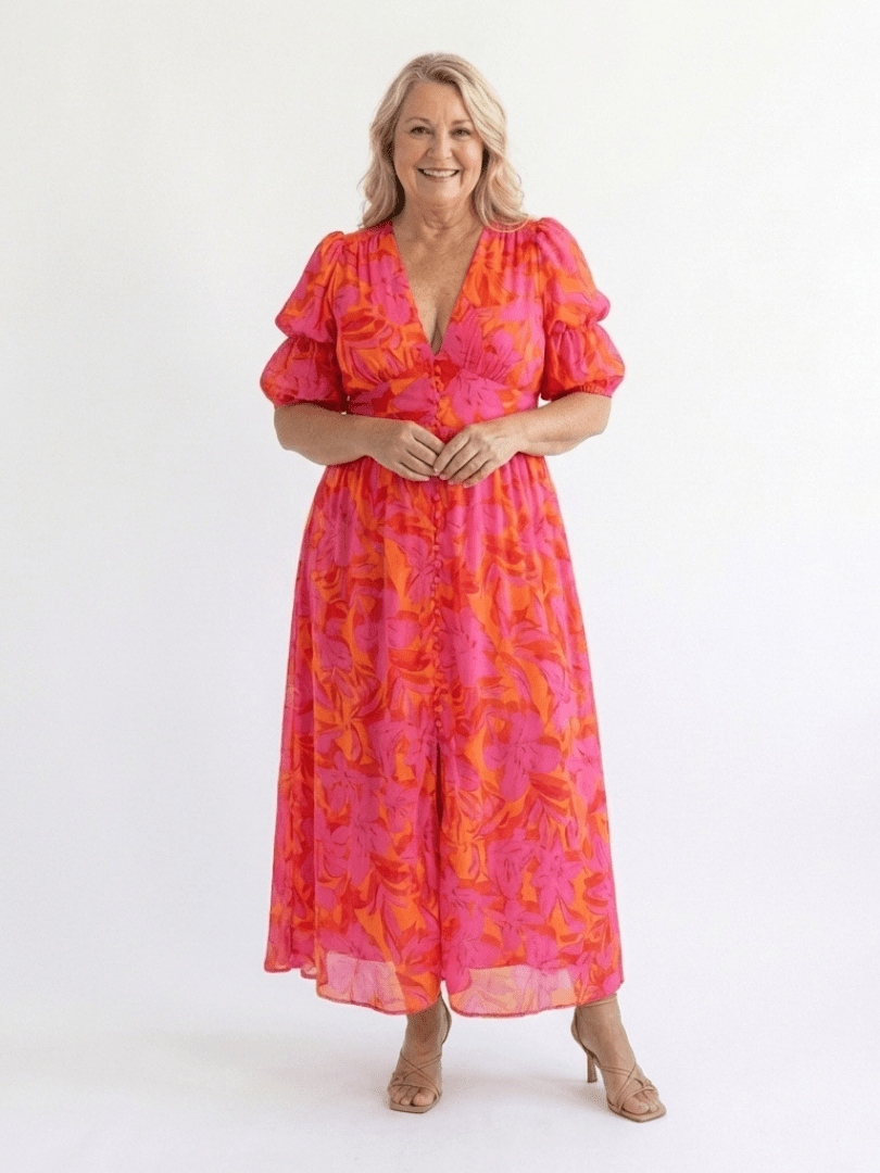 Willow | Floral V Neck Puff Sleeve Midi Dress - Harry & Olivia Birmingham