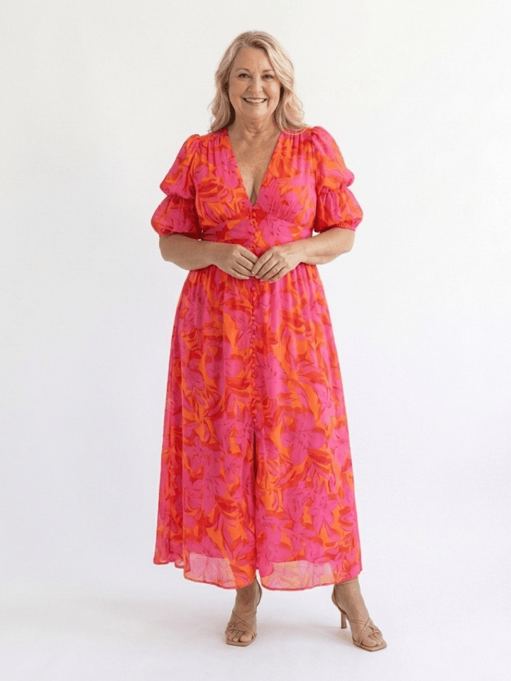 Willow | Floral V Neck Puff Sleeve Midi Dress - Harry & Olivia Birmingham