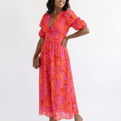 Willow | Floral V Neck Puff Sleeve Midi Dress - Harry & Olivia Birmingham
