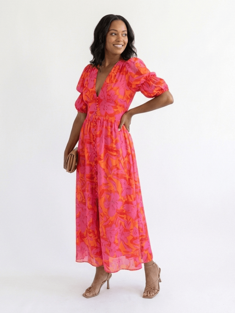 Willow | Floral V Neck Puff Sleeve Midi Dress - Harry & Olivia Birmingham
