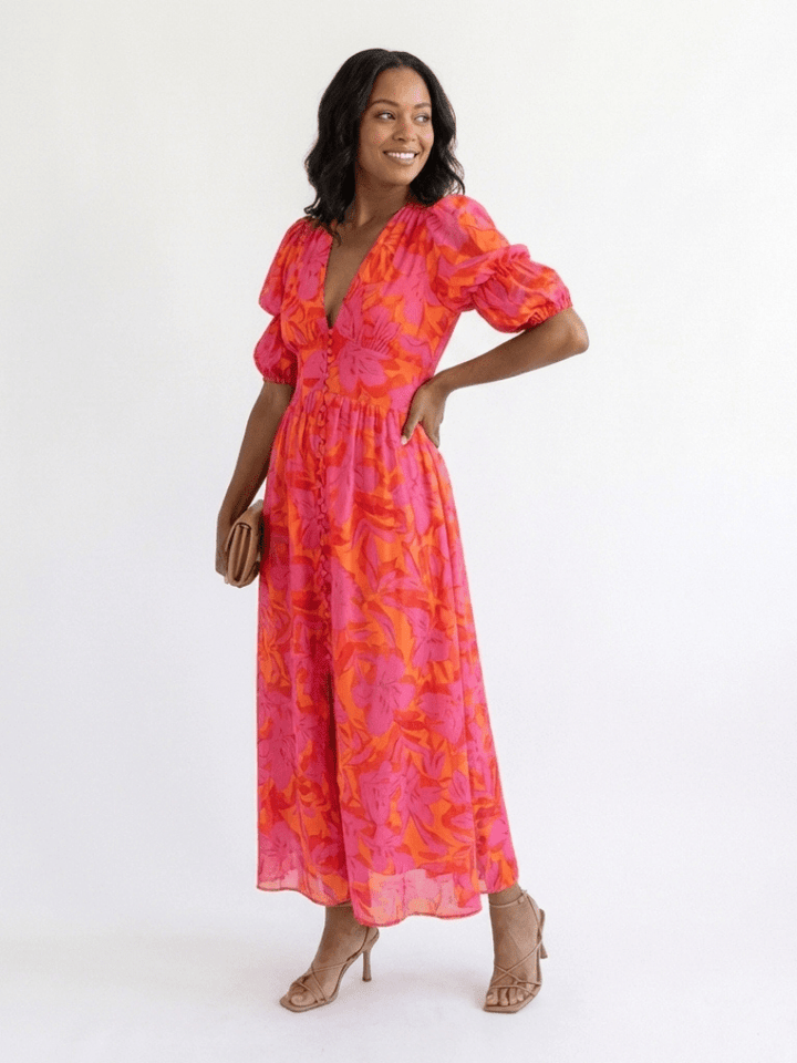 Willow | Floral V Neck Puff Sleeve Midi Dress - Harry & Olivia Birmingham