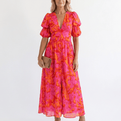 Willow | Floral V Neck Puff Sleeve Midi Dress - Harry & Olivia Birmingham