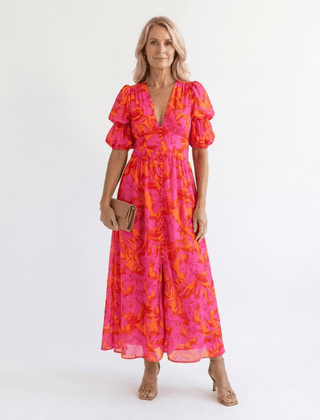 Willow | Floral V Neck Puff Sleeve Midi Dress - Harry & Olivia Birmingham