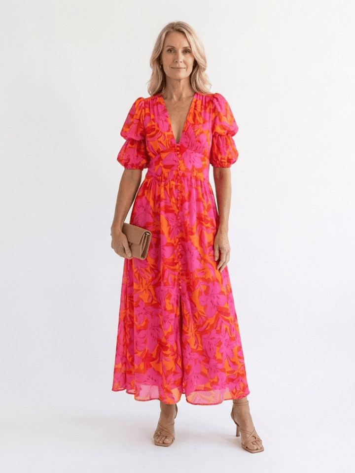 Willow | Floral V Neck Puff Sleeve Midi Dress - Harry & Olivia Birmingham