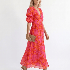 Willow | Floral V Neck Puff Sleeve Midi Dress - Harry & Olivia Birmingham