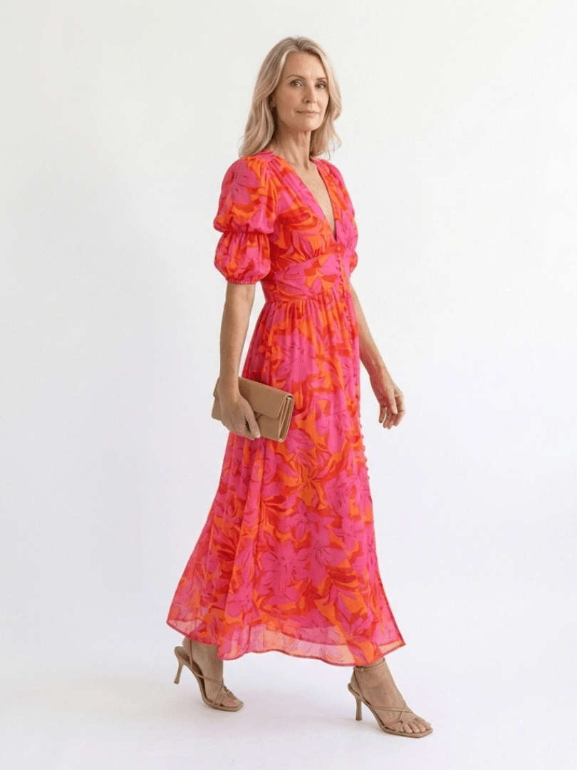 Willow | Floral V Neck Puff Sleeve Midi Dress - Harry & Olivia Birmingham