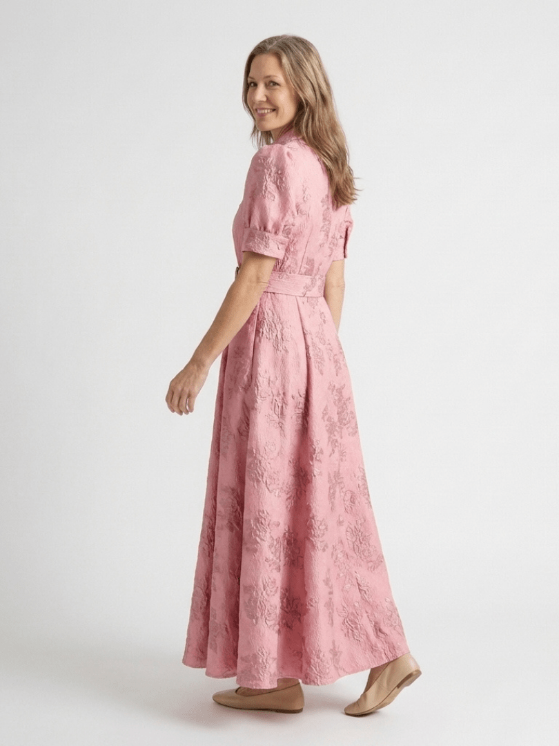 Xanthea | Short Sleeve Belted Floral Textured Maxi Shirt Dress - Harry & Olivia Birmingham